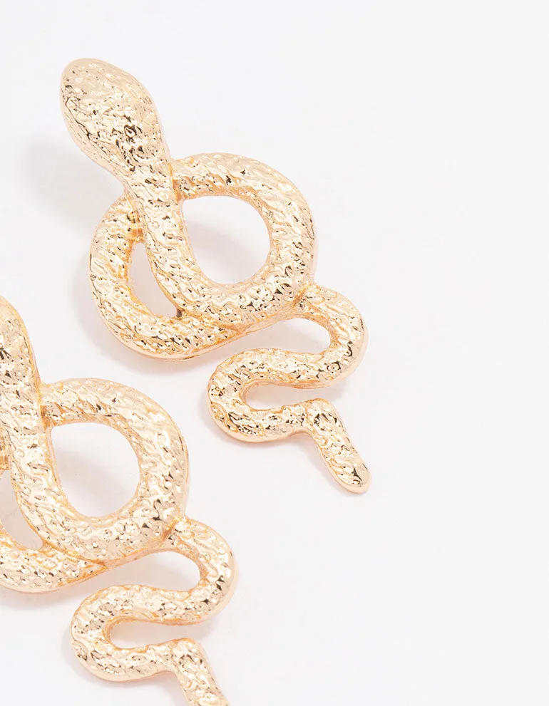 Gold Hammered Twisted Snake Drop Earrings