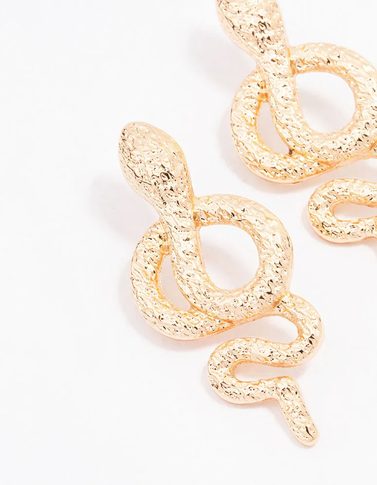 Gold Hammered Twisted Snake Drop Earrings