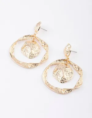 Gold Molten Double Circle Drop Earrings