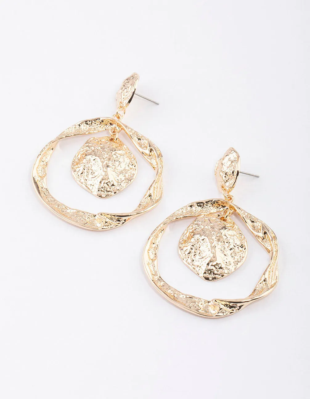 Gold Molten Double Circle Drop Earrings
