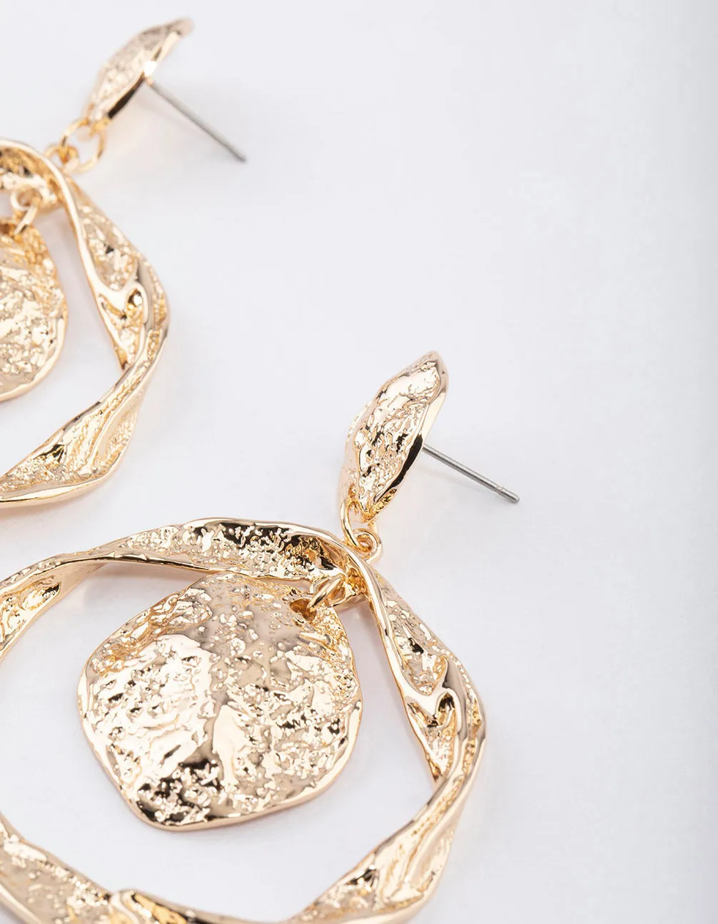 Gold Molten Double Circle Drop Earrings