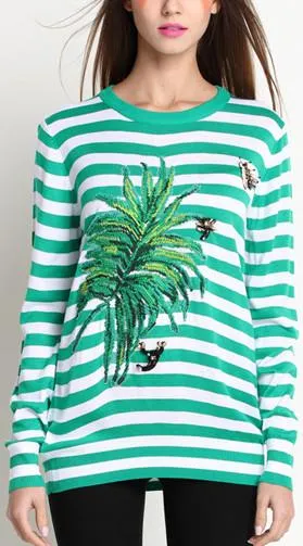 Green Striped Leaf Embroidered Knit Sweater