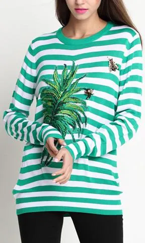 Green Striped Leaf Embroidered Knit Sweater