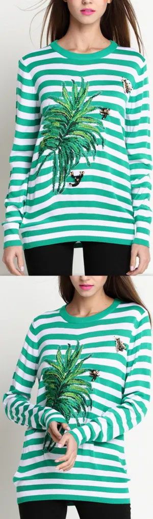 Green Striped Leaf Embroidered Knit Sweater