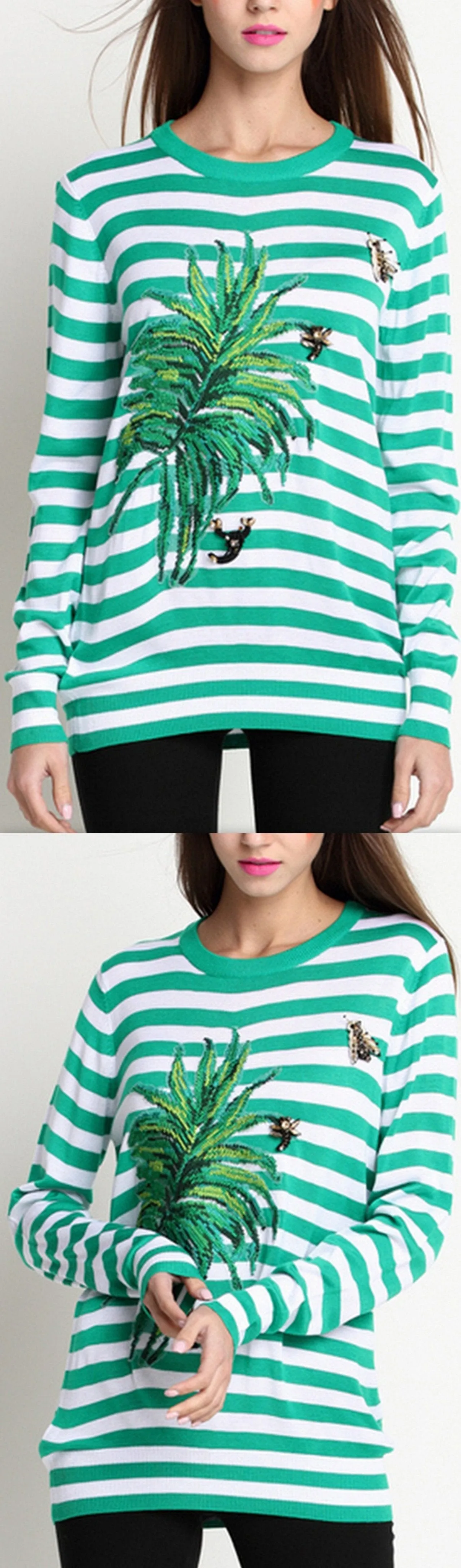 Green Striped Leaf Embroidered Knit Sweater