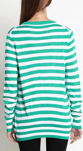 Green Striped Leaf Embroidered Knit Sweater