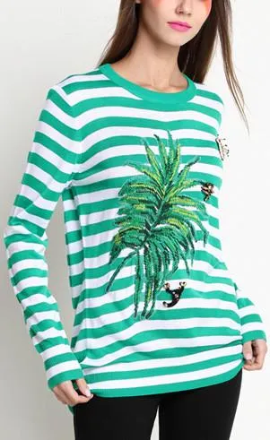 Green Striped Leaf Embroidered Knit Sweater