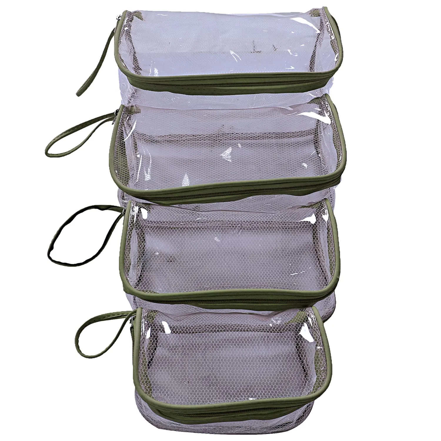 Heart Home Mesh Net Laminated Transparent Jewellery Kit |Vanity Pouch For Home & Travel With Handle,1 Set of 4 Pouch (Green)