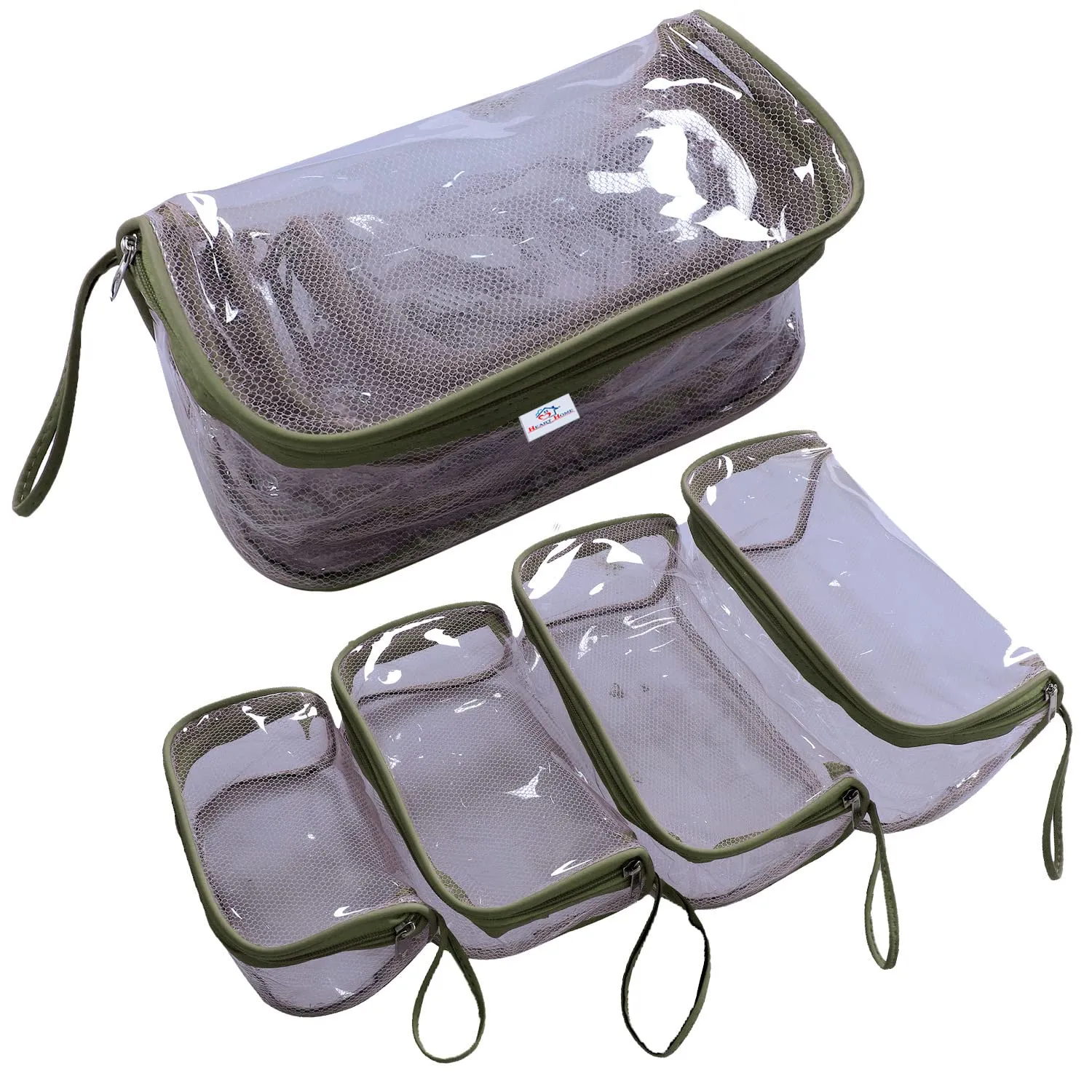 Heart Home Mesh Net Laminated Transparent Jewellery Kit |Vanity Pouch For Home & Travel With Handle,1 Set of 4 Pouch (Green)