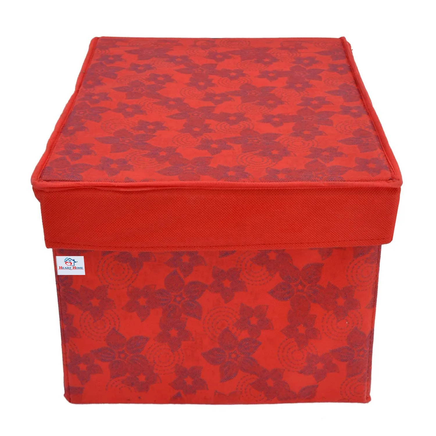 Heart Home Metallic Flower Printed Flodable Storage Box/Organizer For Toys, Cloths And Books With Lid & Handle- Pack of 2 (Red)-HS43HEARTH26589