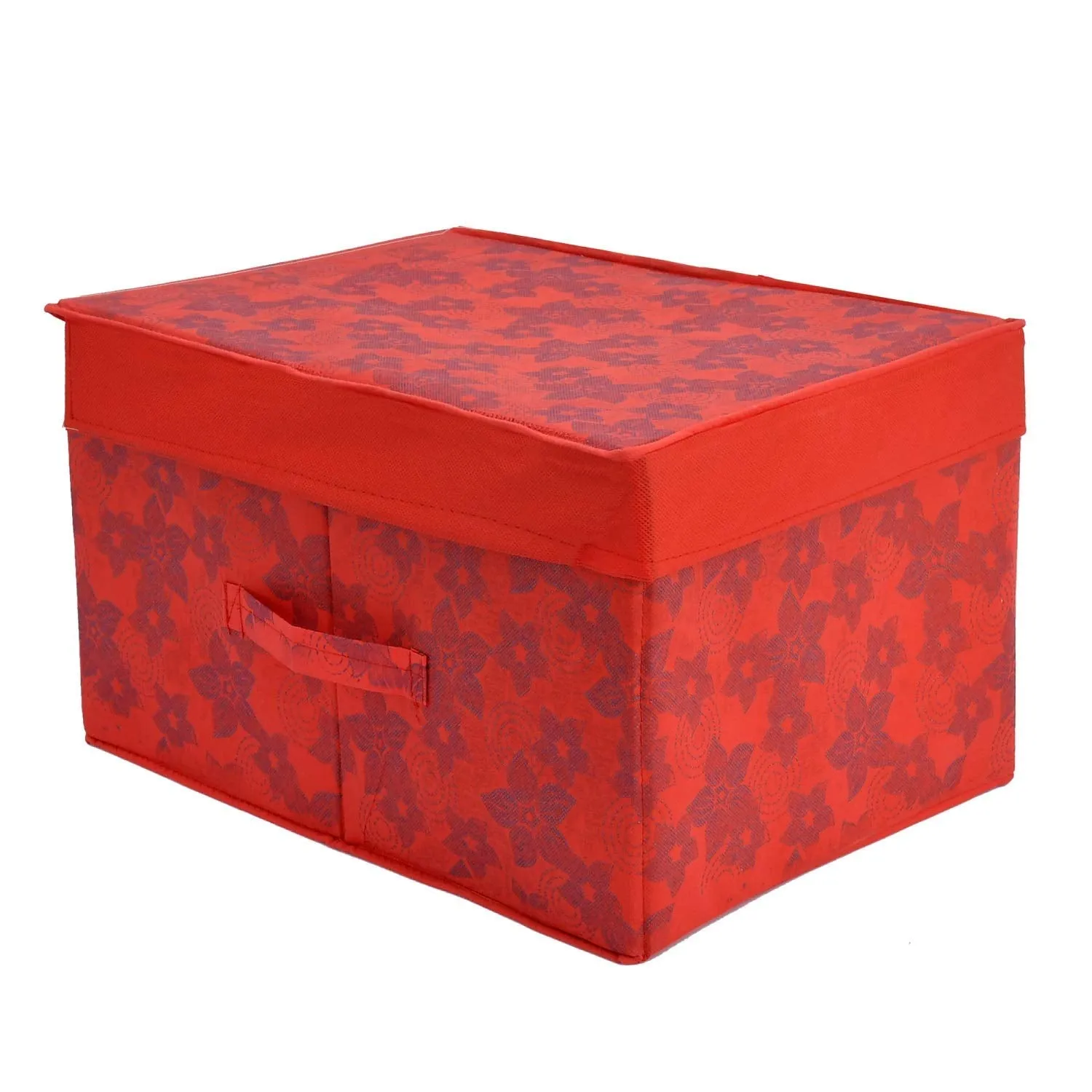 Heart Home Metallic Flower Printed Flodable Storage Box/Organizer For Toys, Cloths And Books With Lid & Handle- Pack of 2 (Red)-HS43HEARTH26589