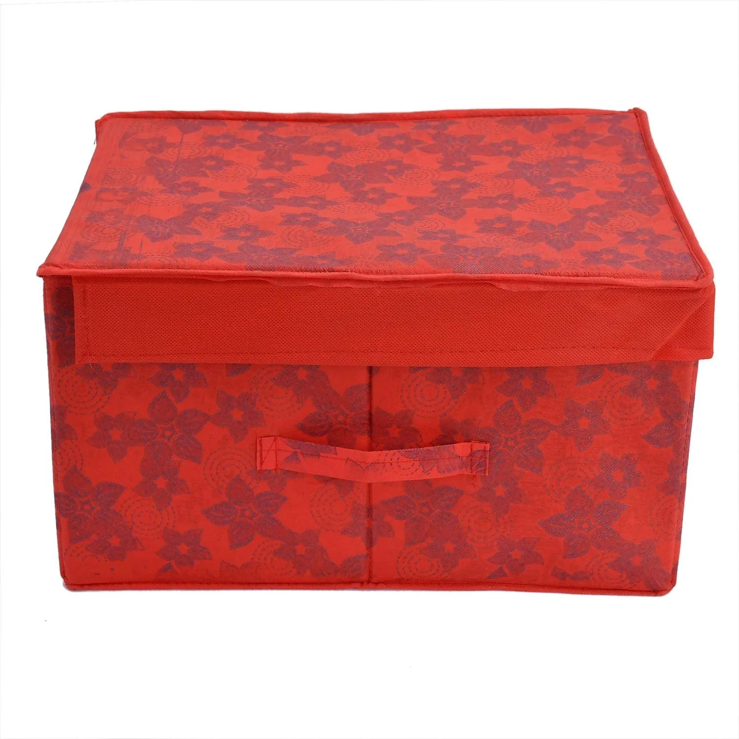 Heart Home Metallic Flower Printed Flodable Storage Box/Organizer For Toys, Cloths And Books With Lid & Handle- Pack of 2 (Red)-HS43HEARTH26589