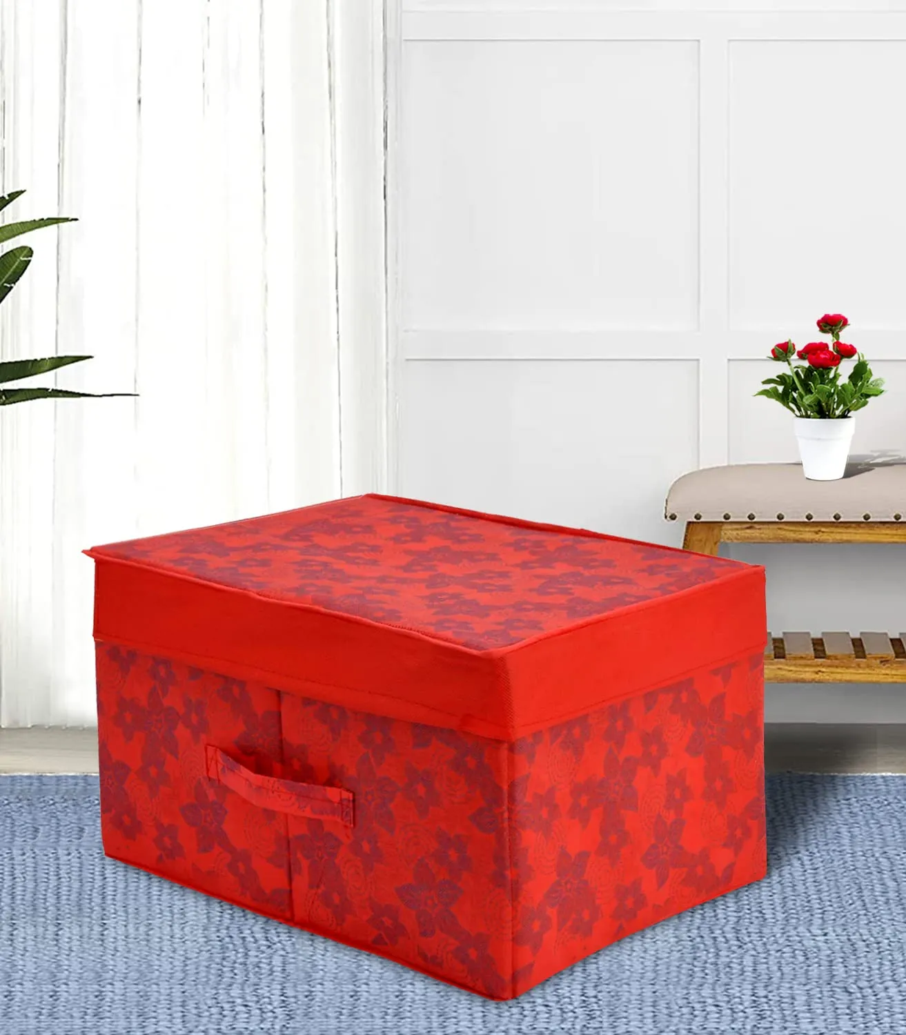 Heart Home Metallic Flower Printed Flodable Storage Box/Organizer For Toys, Cloths And Books With Lid & Handle- Pack of 2 (Red)-HS43HEARTH26589