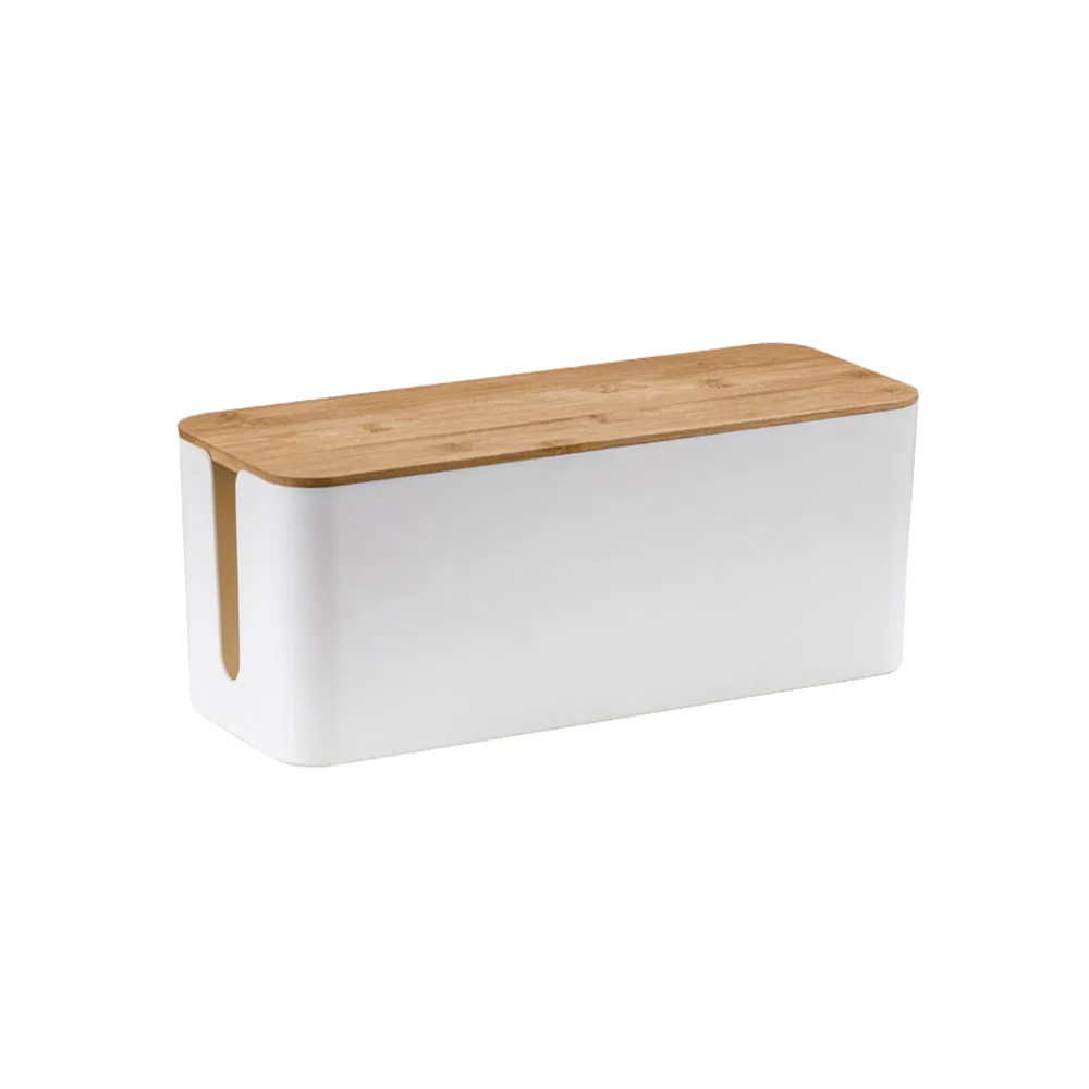 Home Office Cable Management Box Socket Safety Storage Organizer with Bamboo Lid White