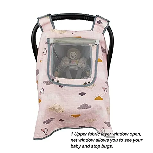 ICOPUCA Muslin Carseat Covers for Babies Girl, Summer car seat Canopy Cover Girls, Light Weight, Breathable, fit Summer/Autumn/Spring, Pink Cloud;