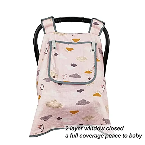 ICOPUCA Muslin Carseat Covers for Babies Girl, Summer car seat Canopy Cover Girls, Light Weight, Breathable, fit Summer/Autumn/Spring, Pink Cloud;