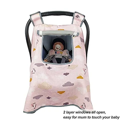 ICOPUCA Muslin Carseat Covers for Babies Girl, Summer car seat Canopy Cover Girls, Light Weight, Breathable, fit Summer/Autumn/Spring, Pink Cloud;