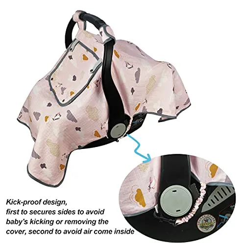 ICOPUCA Muslin Carseat Covers for Babies Girl, Summer car seat Canopy Cover Girls, Light Weight, Breathable, fit Summer/Autumn/Spring, Pink Cloud;