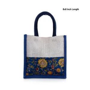 Jute Bag - 8 x 8 Inches | Velcro Closure Tote Bag/ Kalamkari Cloth Handbag for Return Gifts/ Assorted Colour
