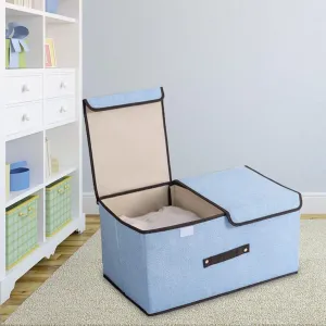 Kuber Industries Double Lid Foldable Storage Box|Toys Storage Bin|Wardrobe Organizer For Clothes|Front Handle & Stackable Pack Of-6 (Blue)
