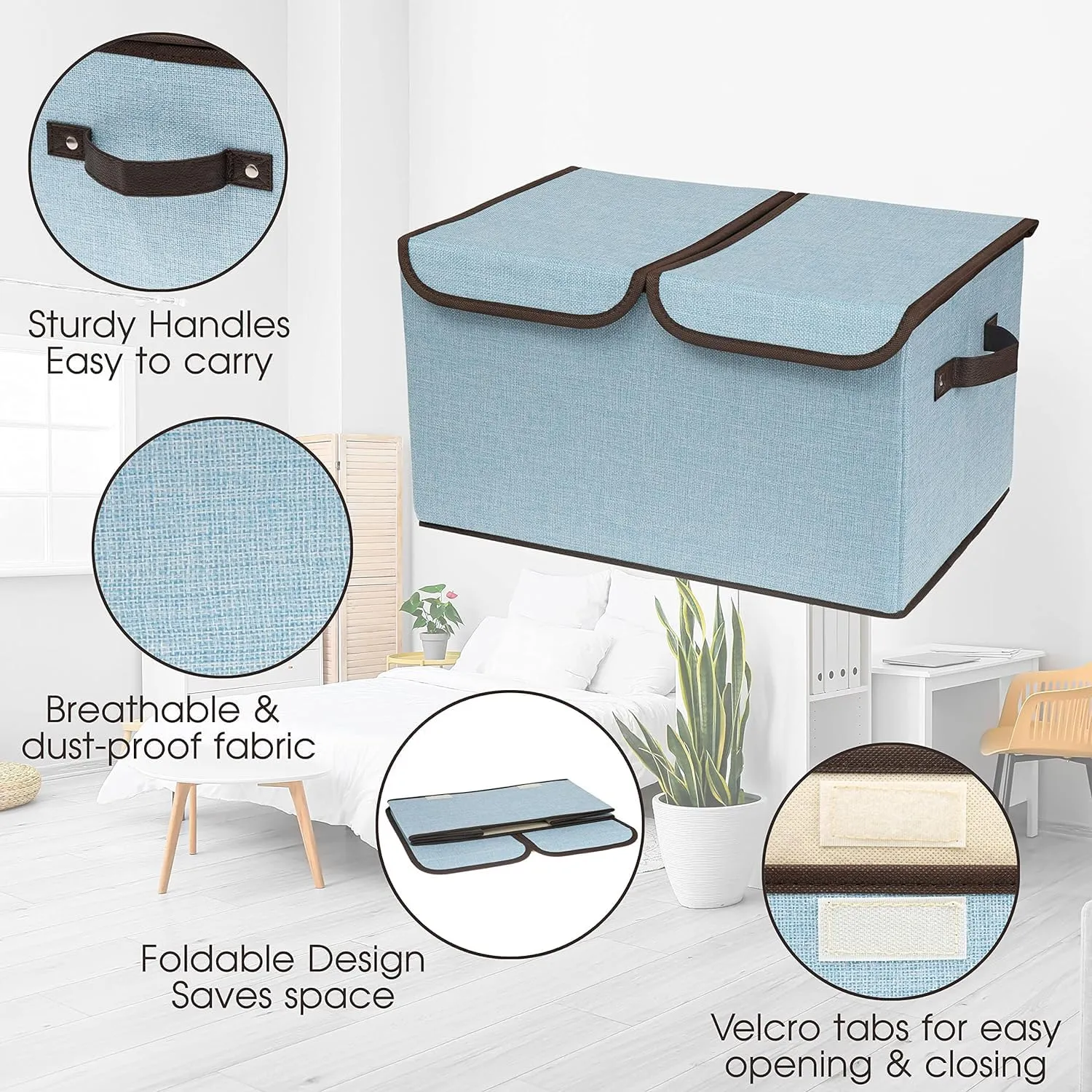 Kuber Industries Double Lid Foldable Storage Box|Toys Storage Bin|Wardrobe Organizer For Clothes|Front Handle & Stackable Pack Of-6 (Blue)