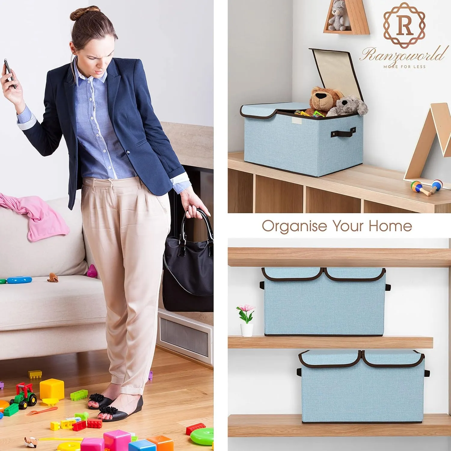 Kuber Industries Double Lid Foldable Storage Box|Toys Storage Bin|Wardrobe Organizer For Clothes|Front Handle & Stackable Pack Of-6 (Blue)