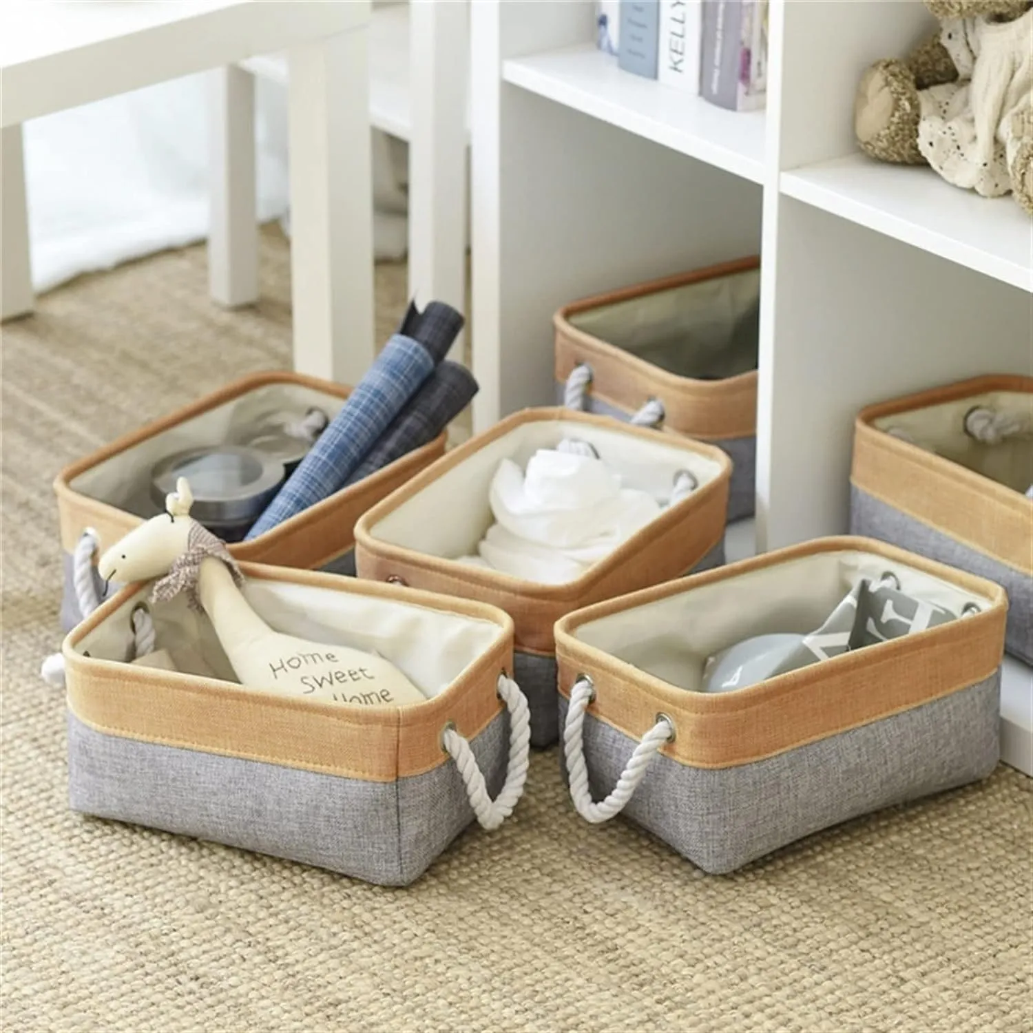 Kuber Industries Pack Of 4 Stackable Storage Basket|Foldable Toy Storage Bin|Wardrobe Organizer For Clothes|3 Different Sizes (Grey & Brown)