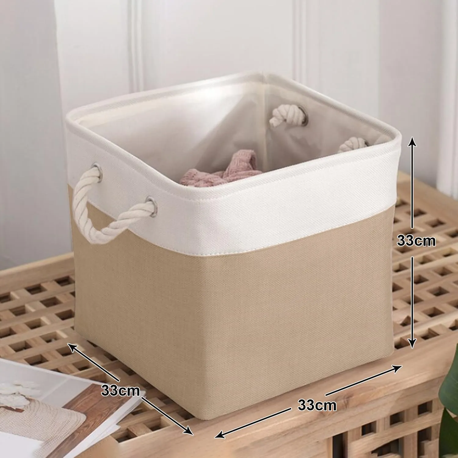 Kuber Industries Pack Of 6 Foldable Storage Basket|Polyester Toy Storage Bin|Wardrobe Organizer For Clothes (Dark Brown & Cream)