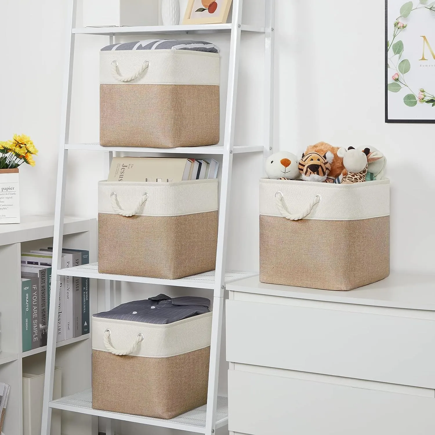 Kuber Industries Pack Of 6 Foldable Storage Basket|Polyester Toy Storage Bin|Wardrobe Organizer For Clothes (Dark Brown & Cream)