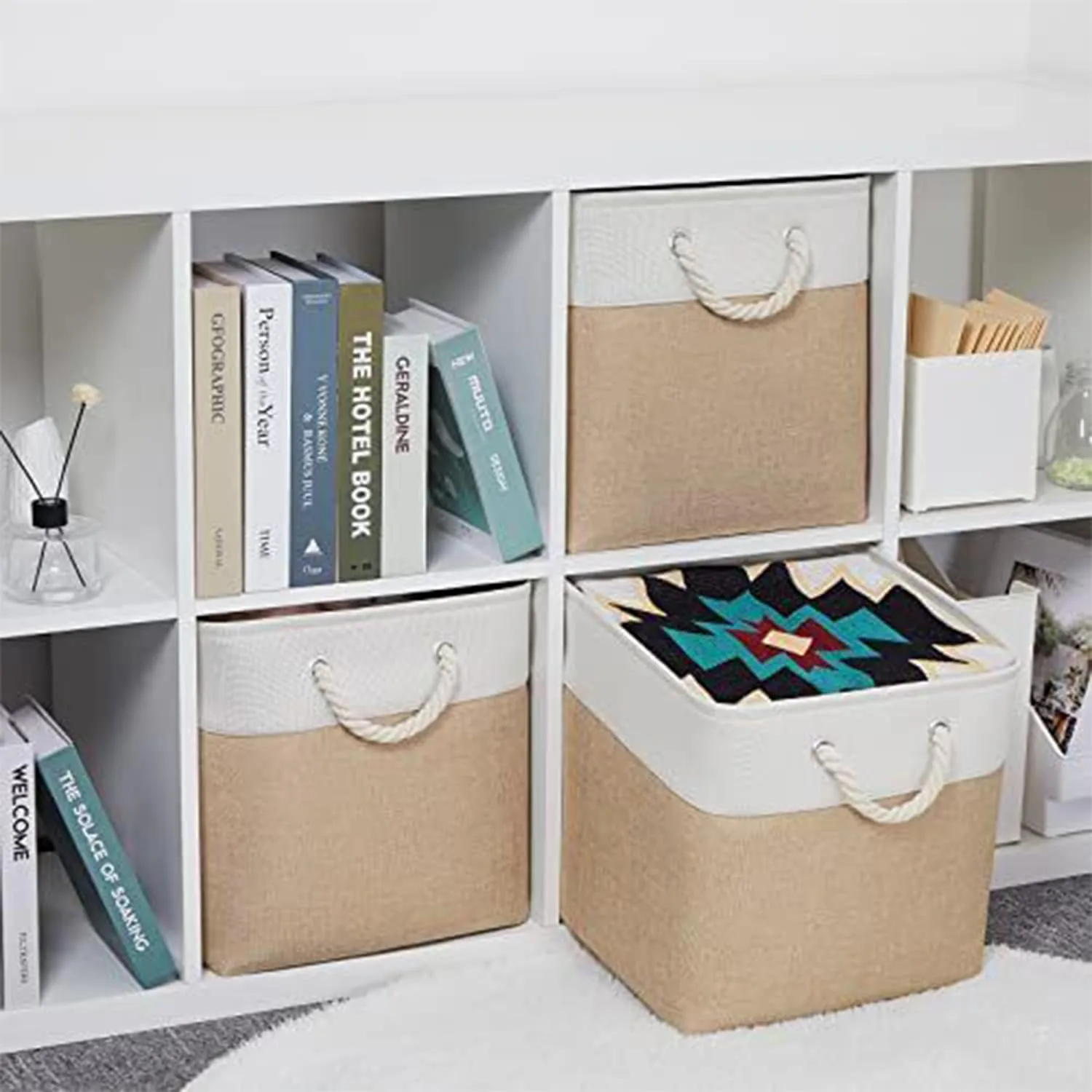 Kuber Industries Pack Of 6 Foldable Storage Basket|Polyester Toy Storage Bin|Wardrobe Organizer For Clothes (Dark Brown & Cream)