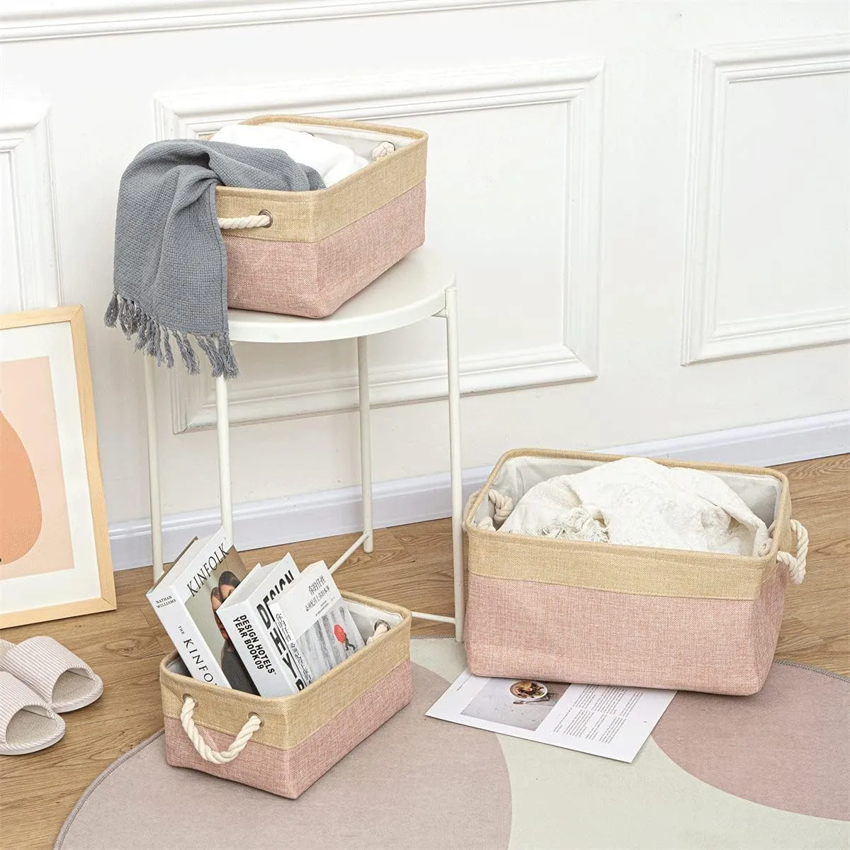 Kuber Industries Stackable Storage Basket|Foldable Toy Storage Bin|Wardrobe Organizer for Clothes|3 Different Sizes (Brown & Cream) (Pack of 6)