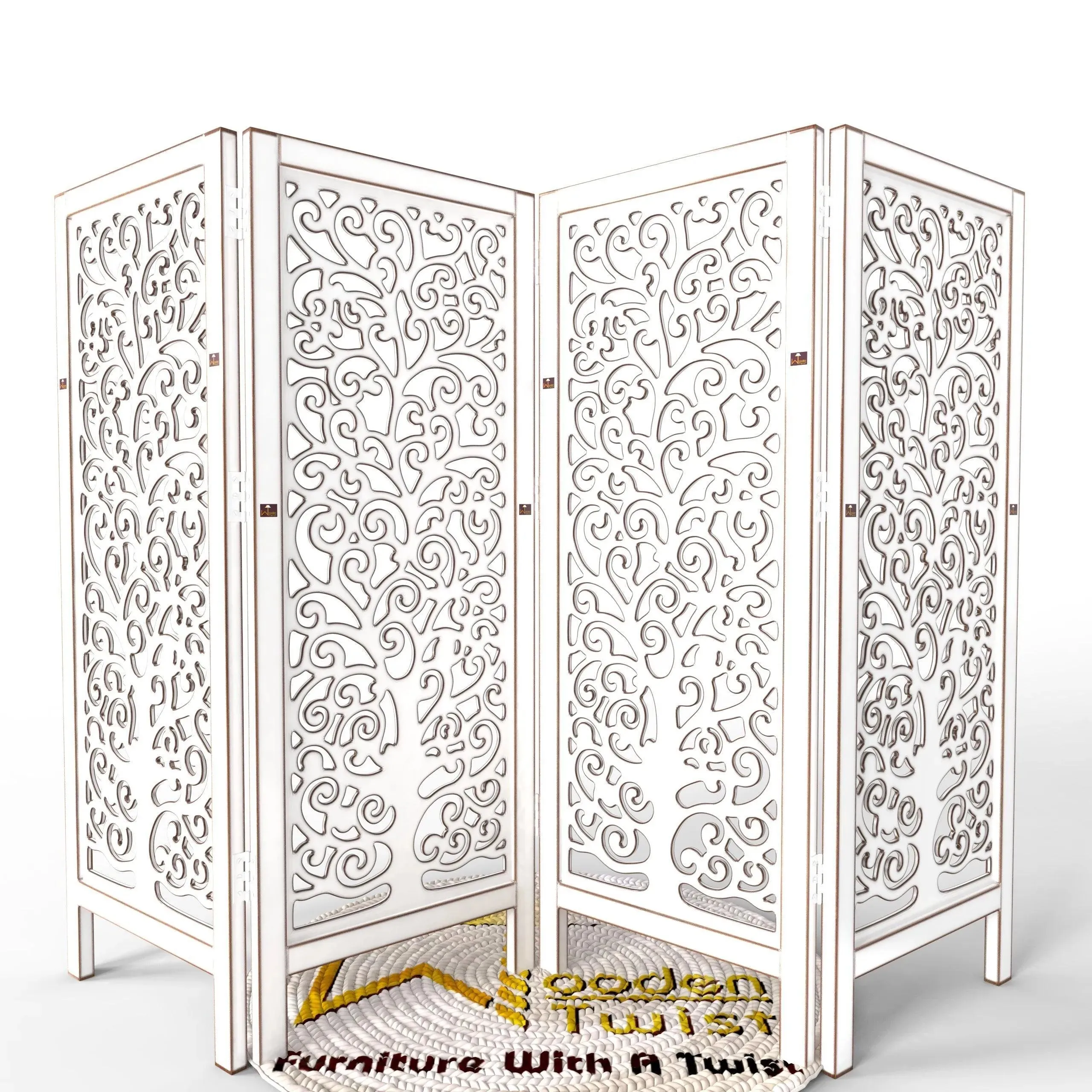 Low Height Solid Wood Room Divider Separator Wooden Partition 4 Panel ( Antique White )