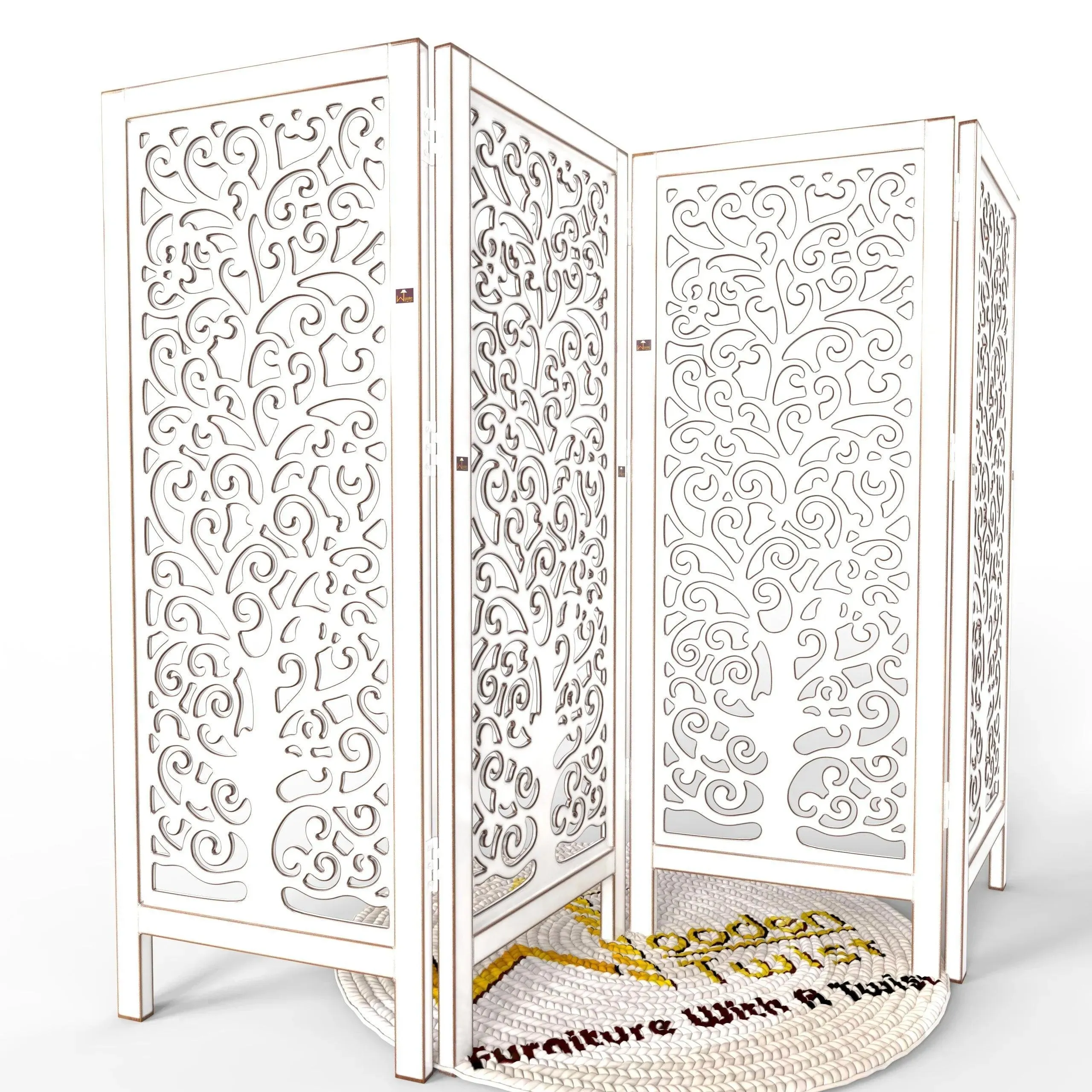 Low Height Solid Wood Room Divider Separator Wooden Partition 4 Panel ( Antique White )