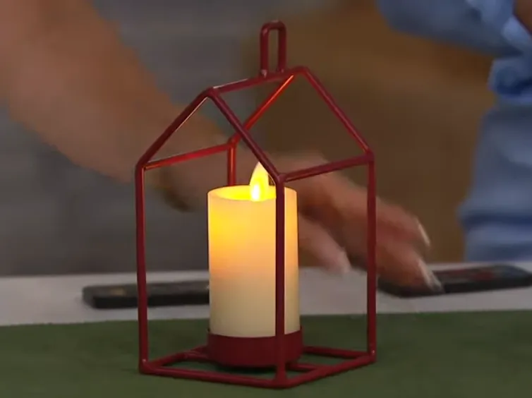 Luminara Metal House Lantern with Slim Wax Votive and Remote Garnet Red Color
