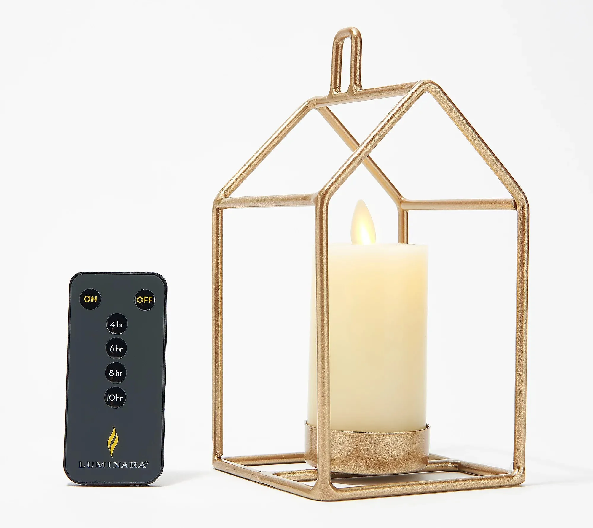 Luminara Metal House Lantern with Slim Wax Votive and Remote Garnet Red Color