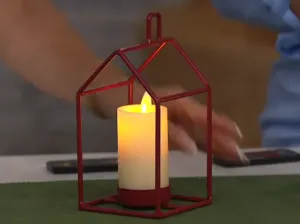 Luminara Metal House Lantern with Slim Wax Votive and Remote Garnet Red Color