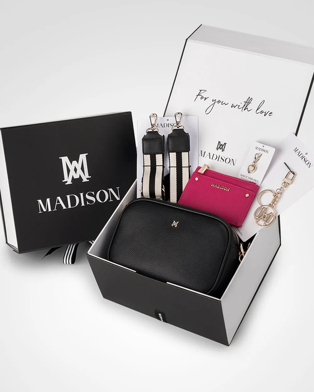 Monica 5 Piece Giftbox - Crossbody Bag, Stripe Bag Strap, Cardholder, Keychain & Personalisation Charm
