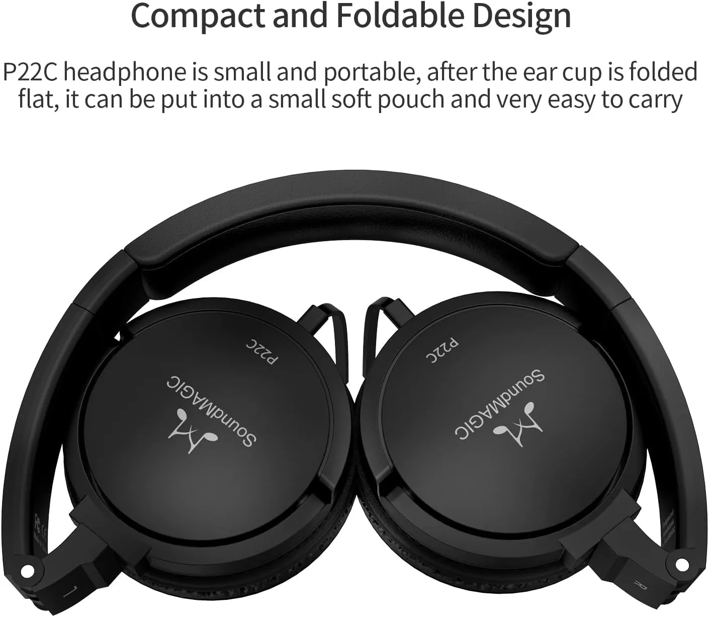 P22C Lightweight On Ear Headphones Wired with Microphone Comfortable and Portable HiFi Stereo Headset with Noise Isolation Foldable Design Black