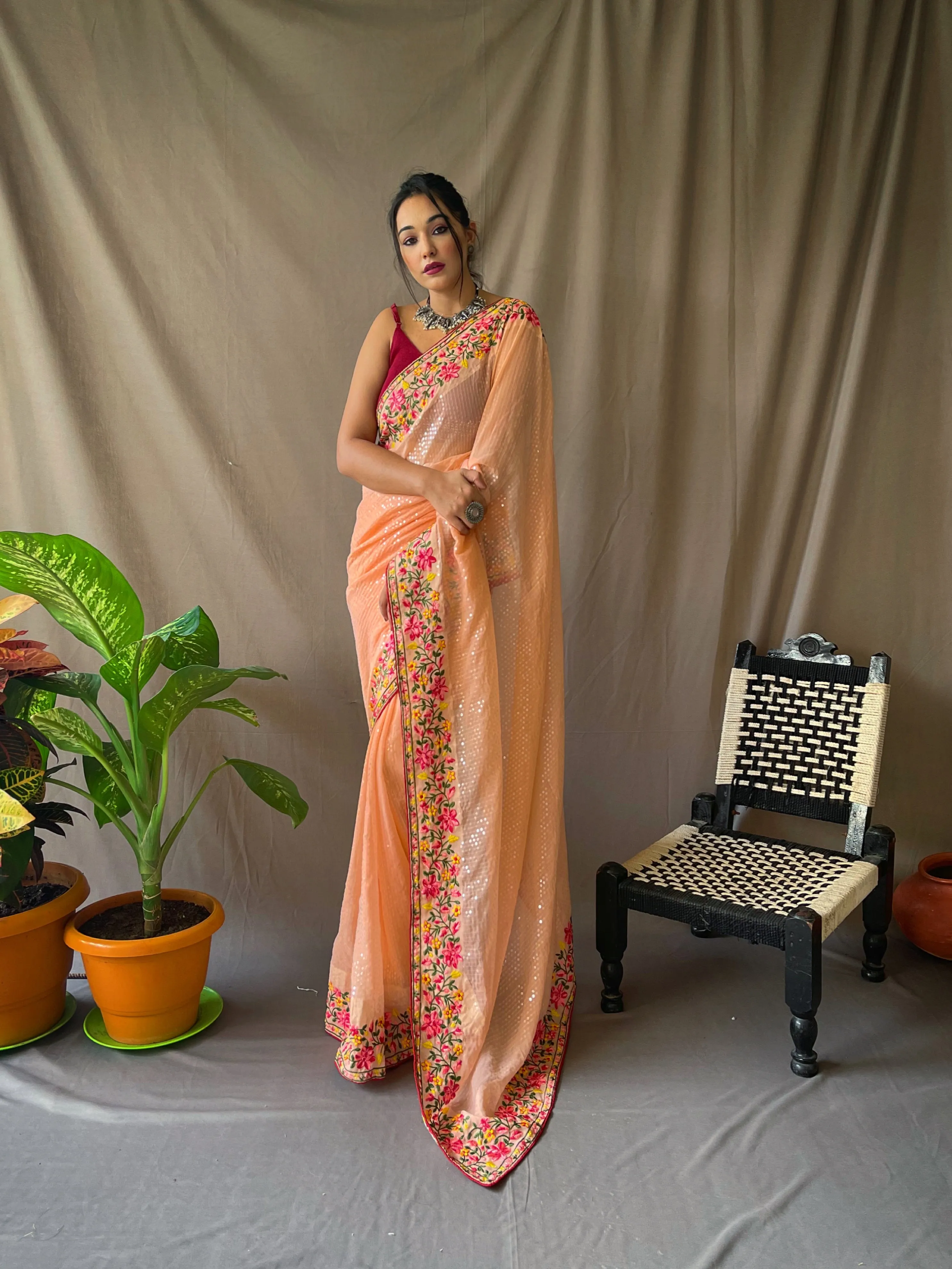 Peach Designer Saree in Georgette Sequins