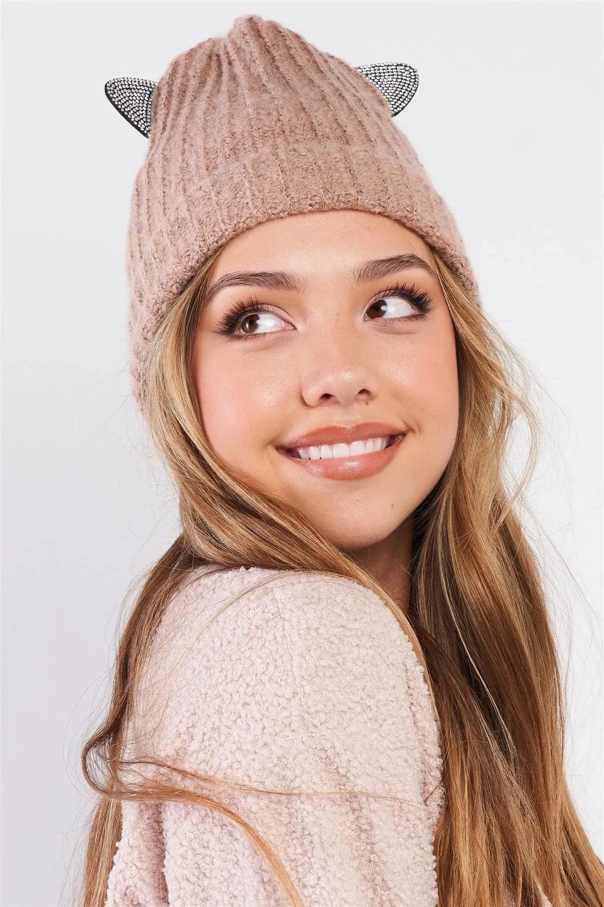 Pink Rhinestone Cat Ears Glitter Woven Knit Beanie