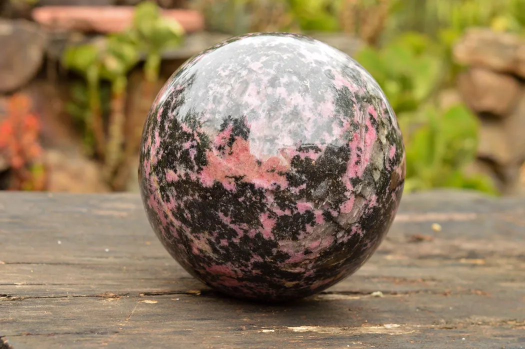 Polished Extra Large Pink & Black Rhodonite Sphere & Custom Metal Stand x 2 From Madagascar
