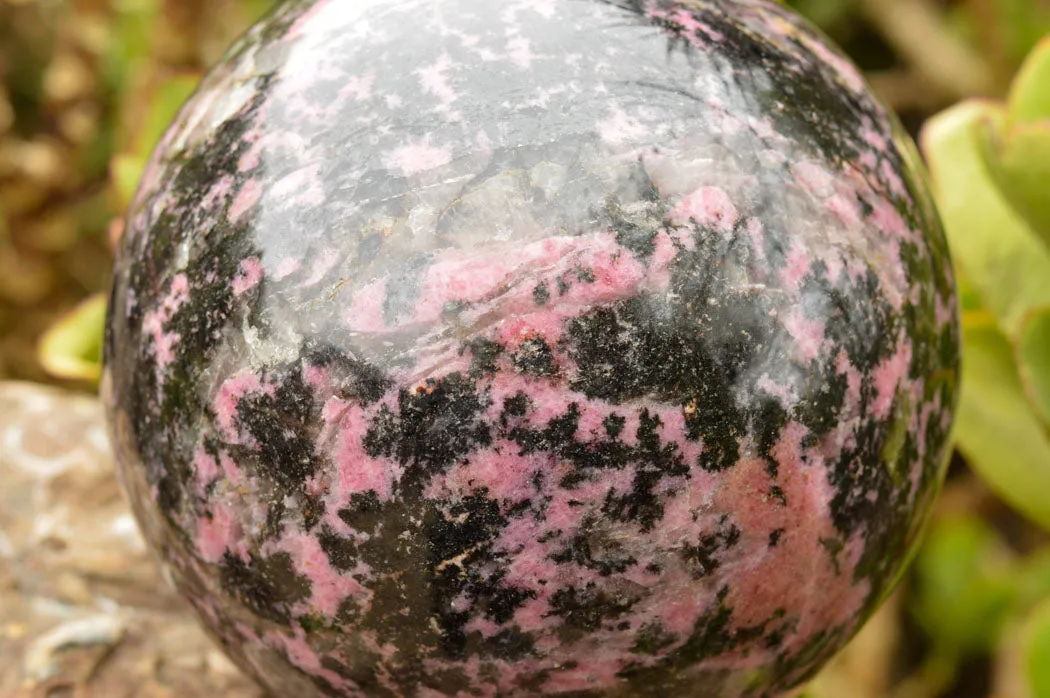 Polished Extra Large Pink & Black Rhodonite Sphere & Custom Metal Stand x 2 From Madagascar