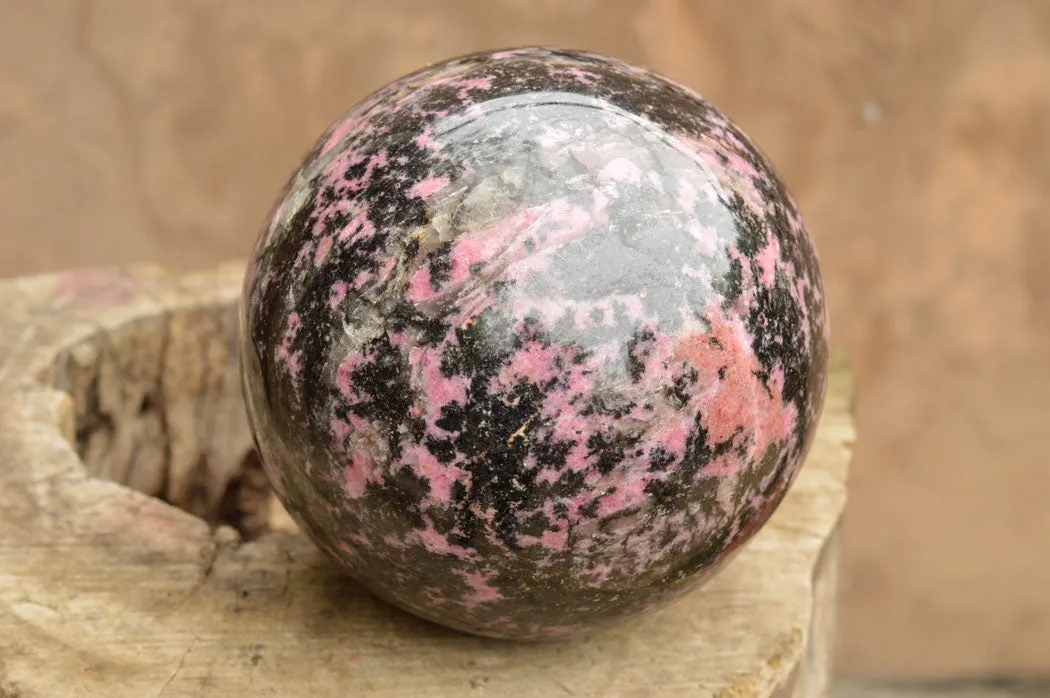Polished Extra Large Pink & Black Rhodonite Sphere & Custom Metal Stand x 2 From Madagascar