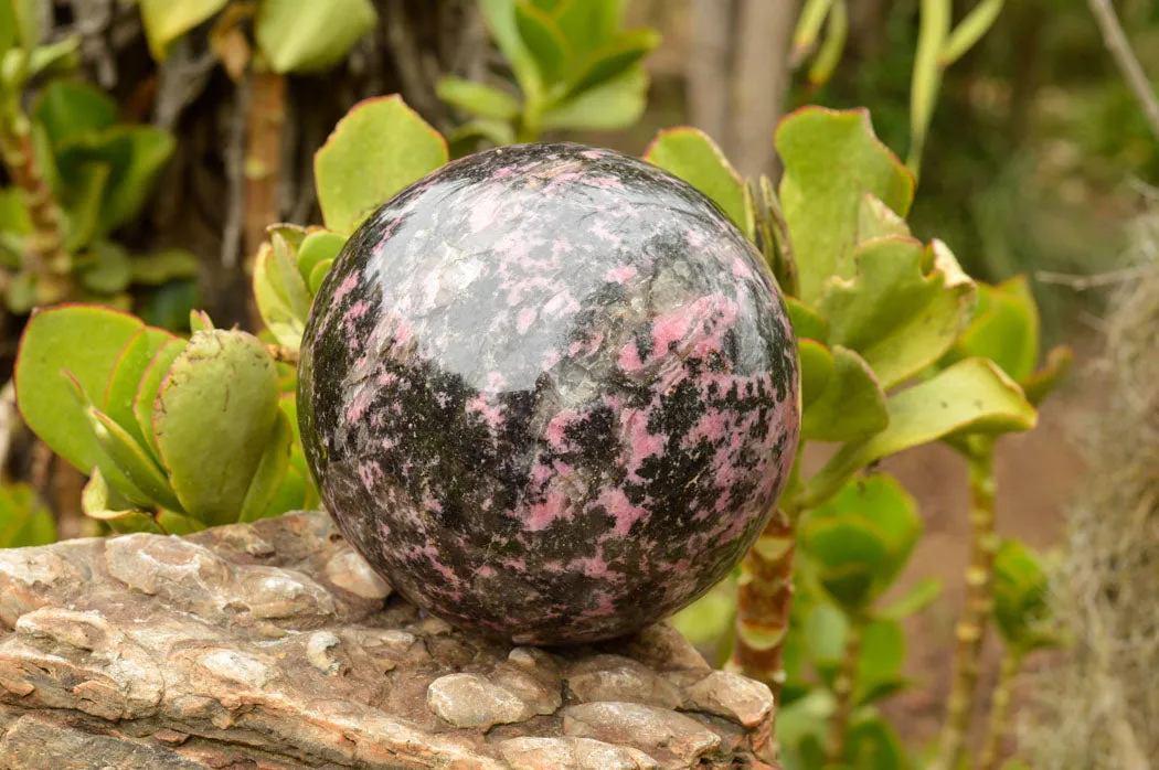 Polished Extra Large Pink & Black Rhodonite Sphere & Custom Metal Stand x 2 From Madagascar