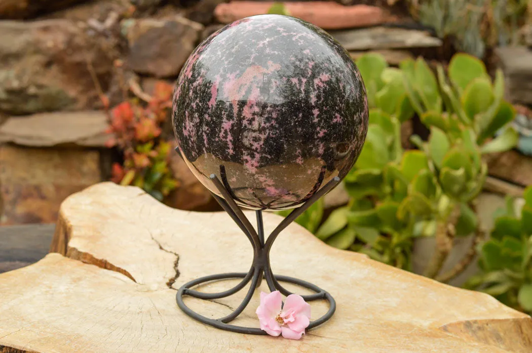 Polished Extra Large Pink & Black Rhodonite Sphere & Custom Metal Stand x 2 From Madagascar
