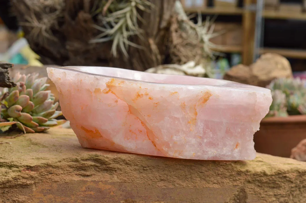 Polished Pink Rose Quartz Bowl With A Natural Base x 1 From Madagascar