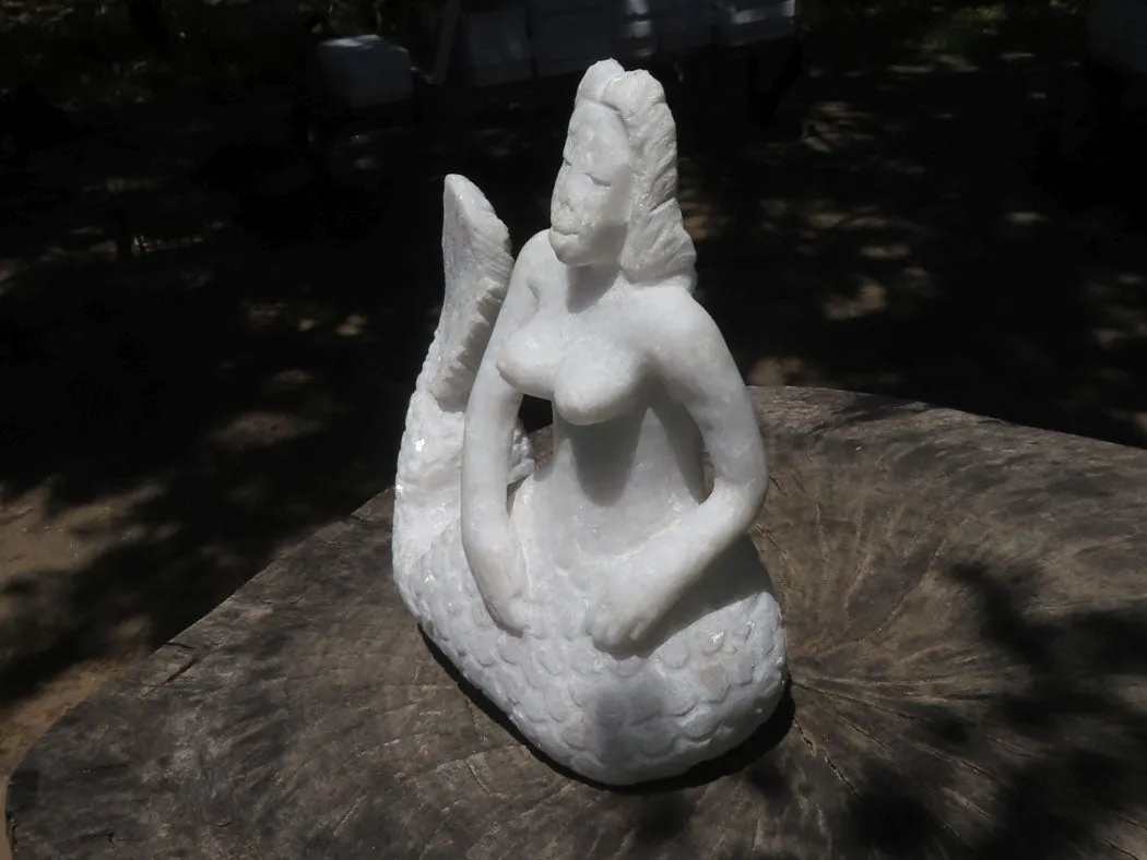 Polished Sparkling White Marble Mermaid Carving x 1 From Zimbabwe