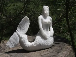 Polished Sparkling White Marble Mermaid Carving x 1 From Zimbabwe