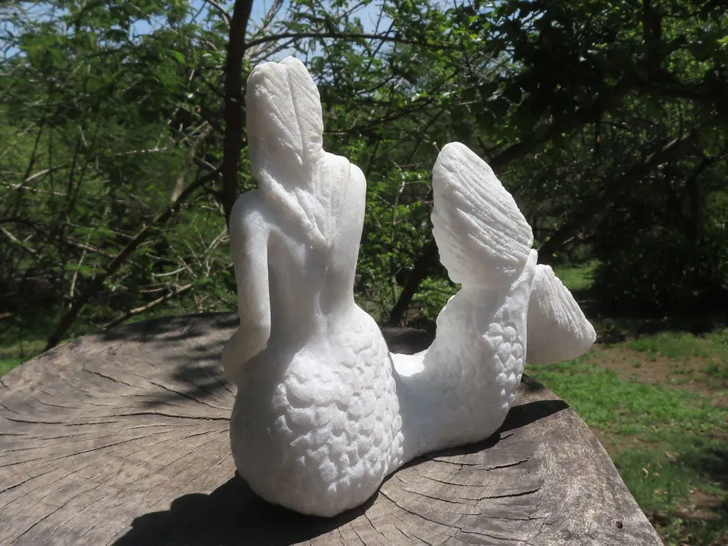 Polished Sparkling White Marble Mermaid Carving x 1 From Zimbabwe
