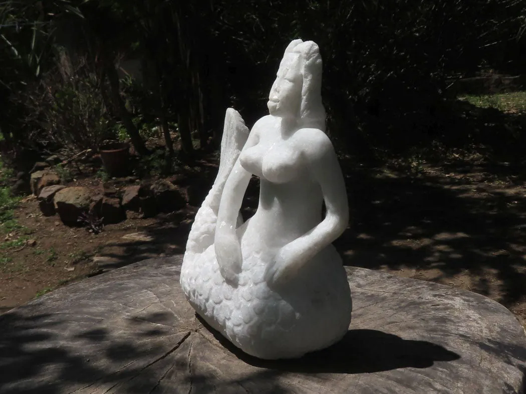 Polished Sparkling White Marble Mermaid Carving x 1 From Zimbabwe